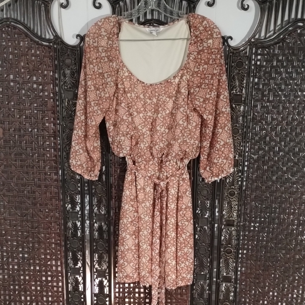 Floral Print Dress with Belt Speeklers Large 3/4 Sleeve Orange Print Boho